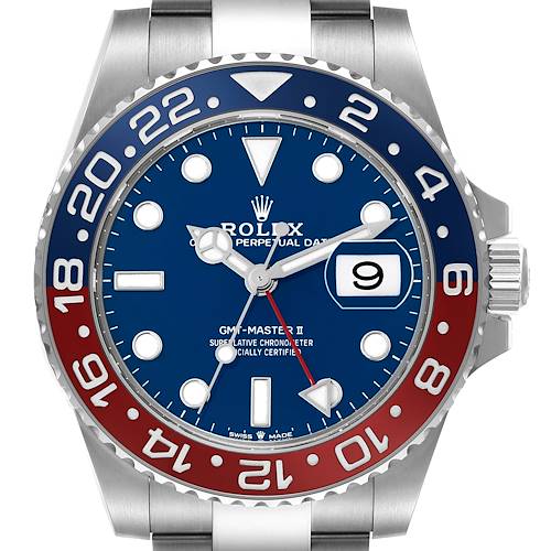 The image shows a frontal view of the Rolex GMT-Master 126719 Men's White Gold Blue Dial 126719 Men's White Gold Blue Dial II, highlighting the blue and red bezel, dial, and date window.