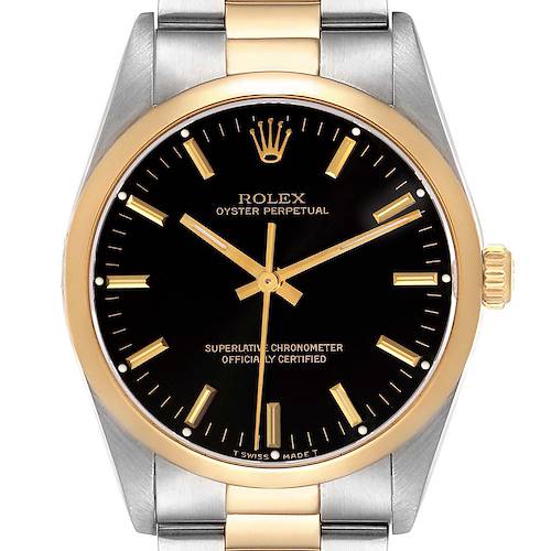 The image shows a front view of the Rolex Oyster Perpetual 14203 Men's Steel and Gold (two tone) Black Dial 14203 Men's Steel and Gold (two tone) Black Dial watch, highlighting its black dial, gold bezel, and two-tone bracelet.