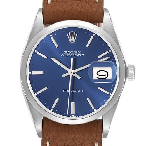 The Rolex Vintage Collection 6694 Men's Stainless Steel Blue Dial 6694 Men's Stainless Steel Blue Dial watch is shown from a frontal angle, highlighting the face, hands, date, crown, and leather strap.