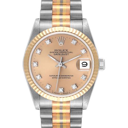 The image shows a front view of the Rolex President 68279 Women's White Gold Brown Dial 68279 Women's White Gold Brown Dial model watch with a champagne dial, diamond hour markers, and a two-tone bracelet.