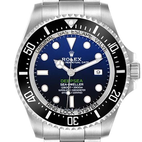 The Rolex Sea-Dweller 126660 Men's Stainless Steel Blue Dial 126660 Men's Stainless Steel Blue Dial watch is shown from the front, highlighting the dial, bezel, and part of the bracelet.