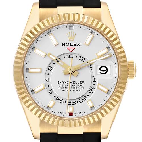 The Rolex Sky-Dweller 336238 Men's Yellow Gold Silver Dial 336238 Men's Yellow Gold Silver Dial watch is shown front-facing, highlighting the dial, fluted bezel, and rubber strap.