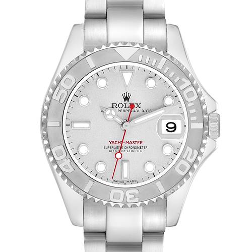 The image shows a front view of a Rolex Yacht-Master 168622 Men's Stainless Steel Silver Dial 168622 Men's Stainless Steel Silver Dial with a silver dial, bezel, and red second hand.