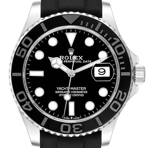The Rolex Yacht-Master 226659 Men's White Gold Black Dial 226659 Men's White Gold Black Dial watch is shown from a front angle, highlighting the dial, bezel, and part of the strap.