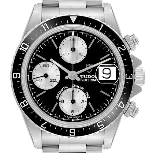 The image shows a front view of the Tudor Prince 79270 Men's Stainless Steel Black Dial 79270 Men's Stainless Steel Black Dial watch, highlighting the dial, bezel, and chronograph subdials.
