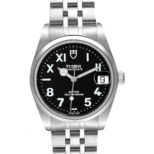 This image shows a frontal view of the Tudor Prince 72000 Men's Stainless Steel Black Dial 72000 Men's Stainless Steel Black Dial Date watch, displaying its black dial, bracelet, and date window.