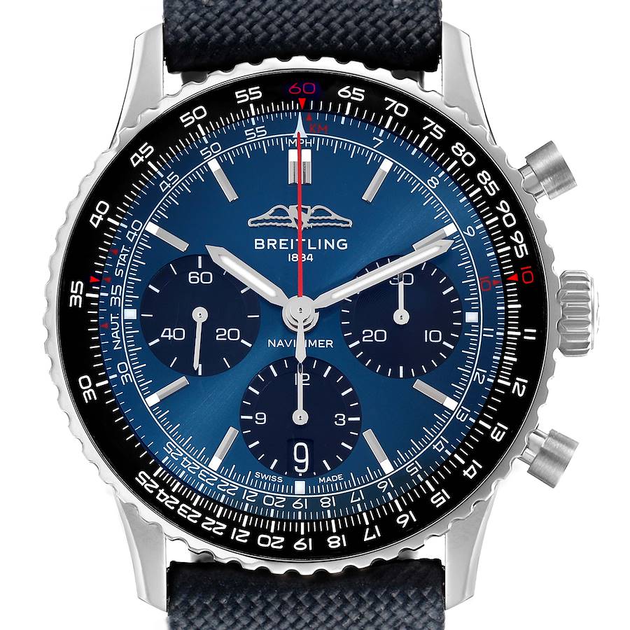 The Breitling Navitimer model AB0139241C1P1 is shown from a front angle, highlighting the blue dial, rotating bezel, subdials, and textured strap.