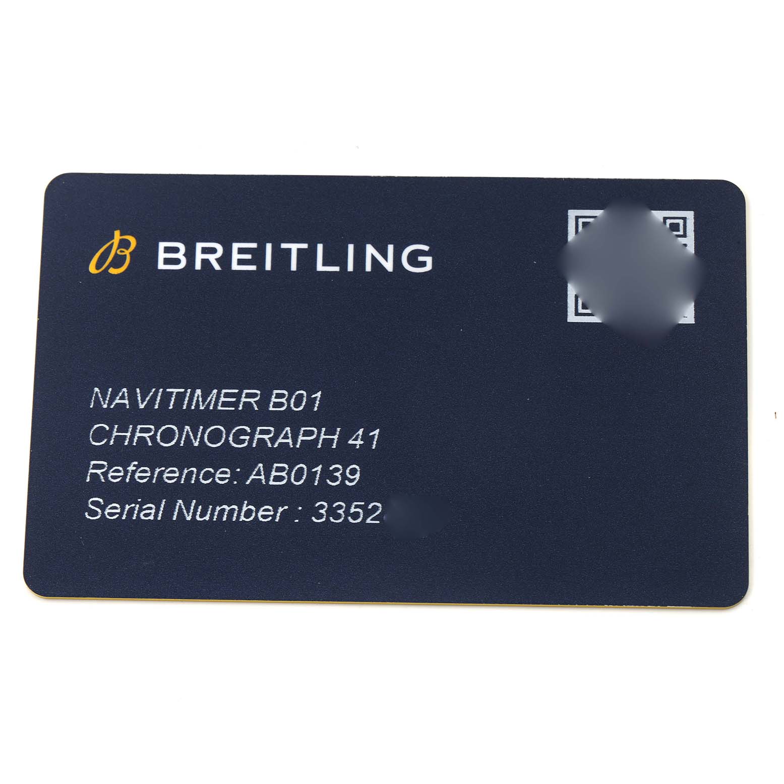 The image shows a warranty card for a Breitling Navitimer B01 Chronograph 41, model number AB0139, with brand and reference details visible.