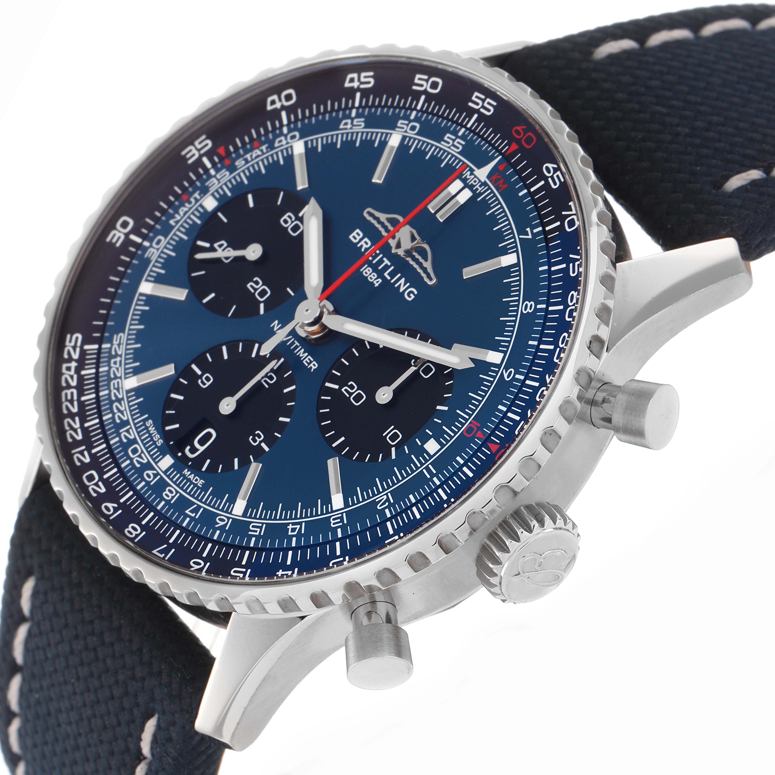 The Breitling Navitimer AB0139241C1P1 men's watch is shown at an angled view highlighting the blue dial, chronograph subdials, pushers, crown, and stitched strap.