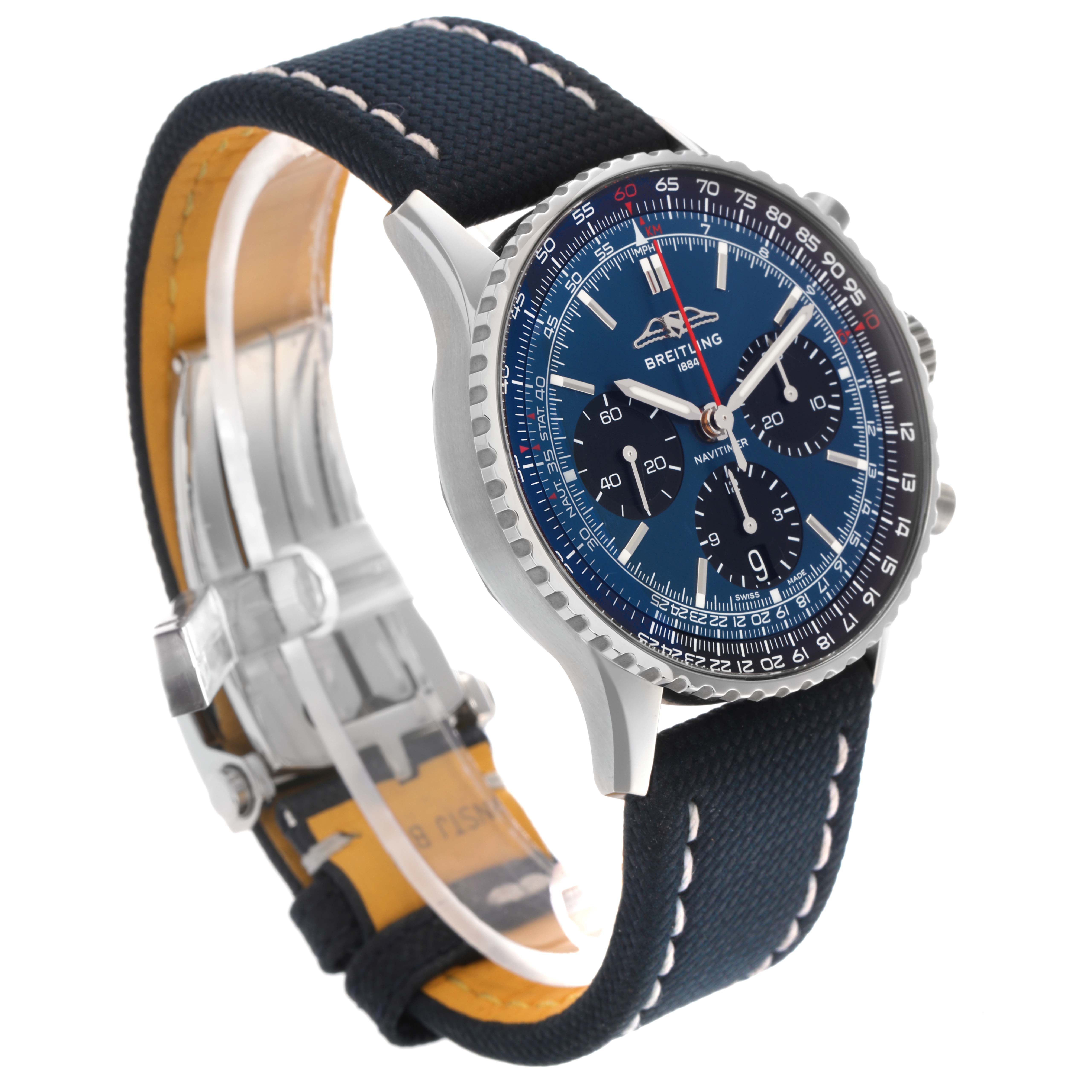 The Breitling Navitimer AB0139241C1P1 watch is shown at a three-quarter angle, highlighting its blue dial, stainless steel case, and dark strap with stitching.