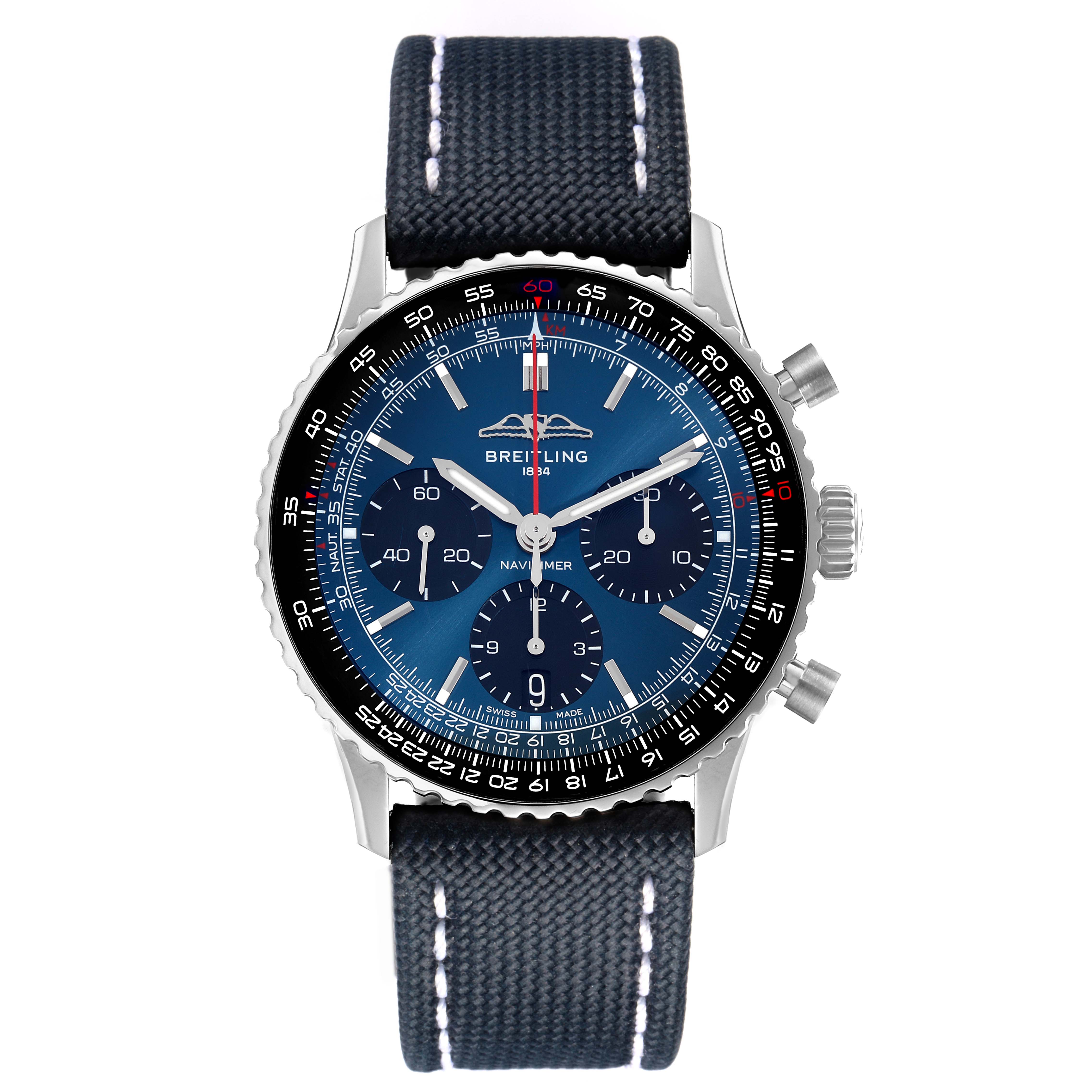The Breitling Navitimer model AB0139241C1P1 is shown from the front, displaying its blue dial, chronograph subdials, bezel, crown, pushers, and strap.