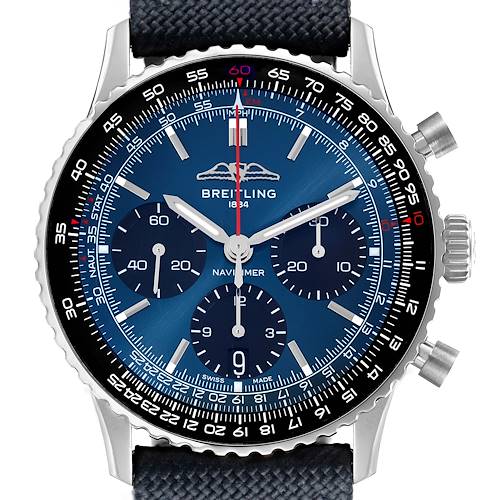 The Breitling Navitimer AB0139241C1P1 watch is shown from a front angle, displaying the dial, bezel, subdials, crown, pushers, and part of the strap.