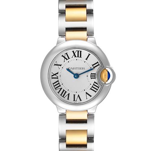 The image shows a front view of the Cartier Ballon Bleu W69007Z3 Women's Steel and Gold (two tone) Silver Dial W69007Z3 Women's Steel and Gold (two tone) Silver Dial watch, featuring a stainless steel and gold bracelet with a round dial.