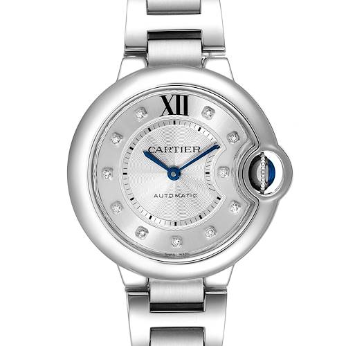 The image shows a front view of the Ballon Bleu model watch by Cartier, including the face, hands, and part of the bracelet.