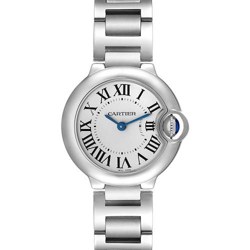 The image shows a front view of a Cartier Ballon Bleu W69010Z4 Women's Stainless Steel Silver Dial W69010Z4 Women's Stainless Steel Silver Dial watch, displaying its dial, Roman numerals, and metal bracelet.