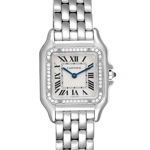The Cartier Panthere W4PN0008 Women's Stainless Steel Silver Dial W4PN0008 Women's Stainless Steel Silver Dial model watch is shown from the front, displaying its square face, Roman numeral dial, and metal bracelet.