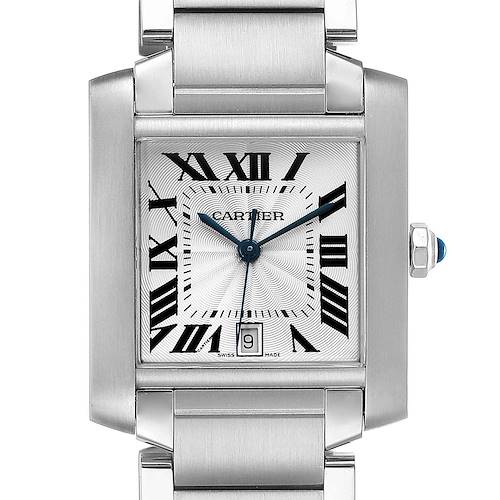 The image shows a front view of the Cartier Tank Française watch, highlighting its Roman numeral dial, hands, crown, and bracelet.