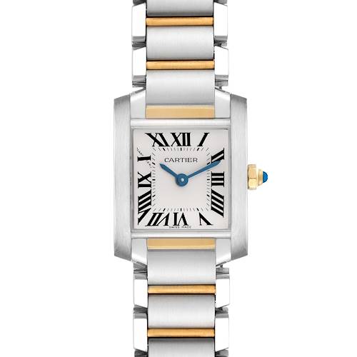 The Cartier Tank Francaise, model W51007Q4, is shown from a front angle, displaying the face, case, gold and steel bracelet, and blue cabochon crown.