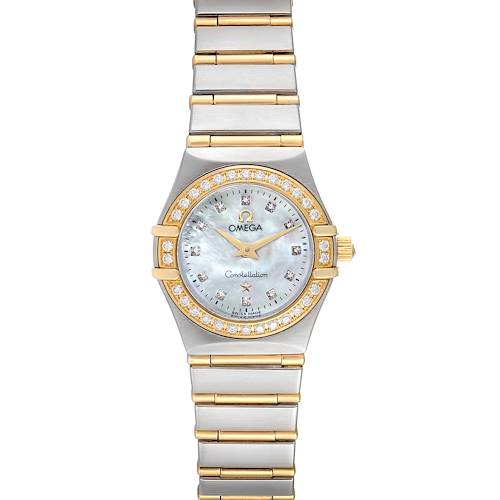 The image shows a front view of an Omega 1267.75.00 Women's Steel and Gold (two tone) Mother of Pearl Dial 1267.75.00 Women's Steel and Gold (two tone) Mother of Pearl Dial Constellation 95 Mother of Pearl Diamond Watch 1267.75.00, displaying the dial and bracelet.
