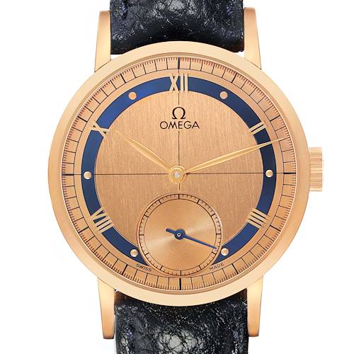 The Omega Museum model 5950.31.03 is shown from a front angle, displaying its face, hands, Roman numerals, and a black strap.