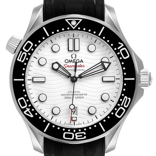The image shows a frontal view of the Omega Seamaster 210.32.42.20.04.001 Men's Stainless Steel White Dial 210.32.42.20.04.001 Men's Stainless Steel White Dial watch, displaying its white dial, bezel, markers, and hands.