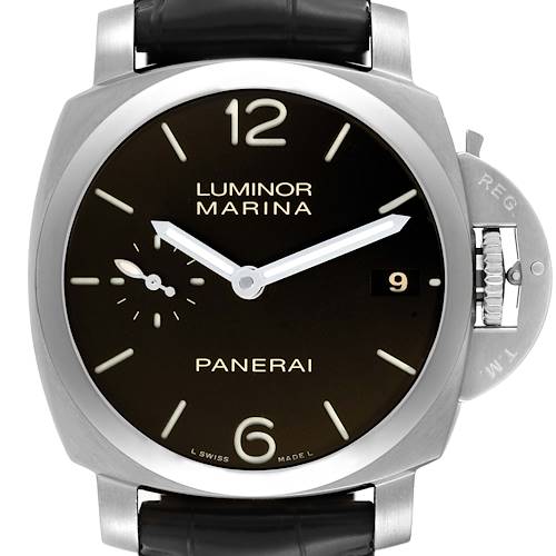 This image shows a front view of the Panerai Luminor PAM00392 Men's Stainless Steel Black Dial PAM00392 Men's Stainless Steel Black Dial Marina watch, highlighting its dial, hands, and crown guard.