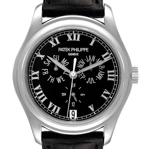 The image displays a front view of the Patek Philippe Complications 5035P Men's Platinum Black Dial 5035P Men's Platinum Black Dial model watch, showing the dial, case, and strap.