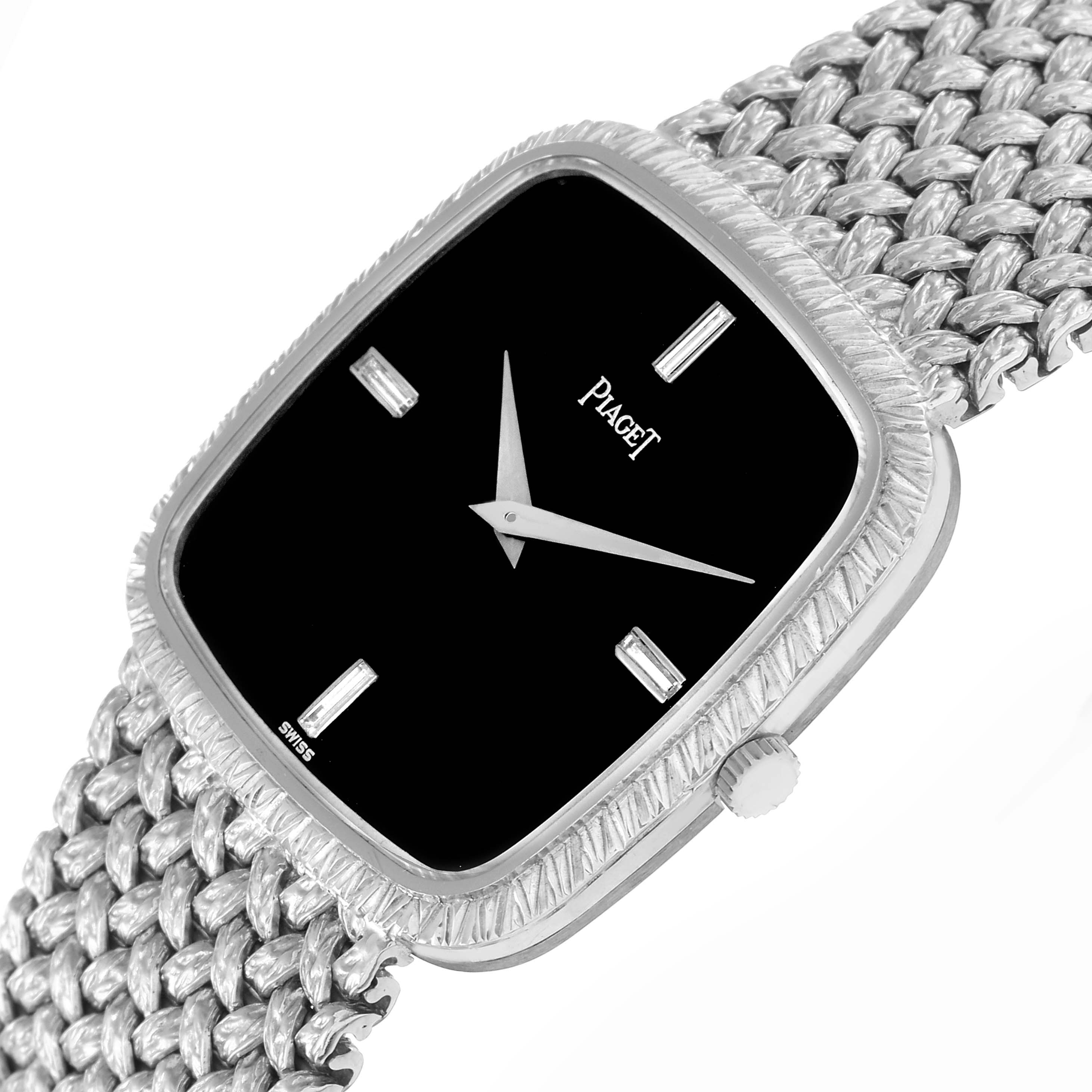 The Piaget model 9771D2 men's watch is shown at an angled close-up, displaying the rectangular face, textured bezel, crown, and woven bracelet.