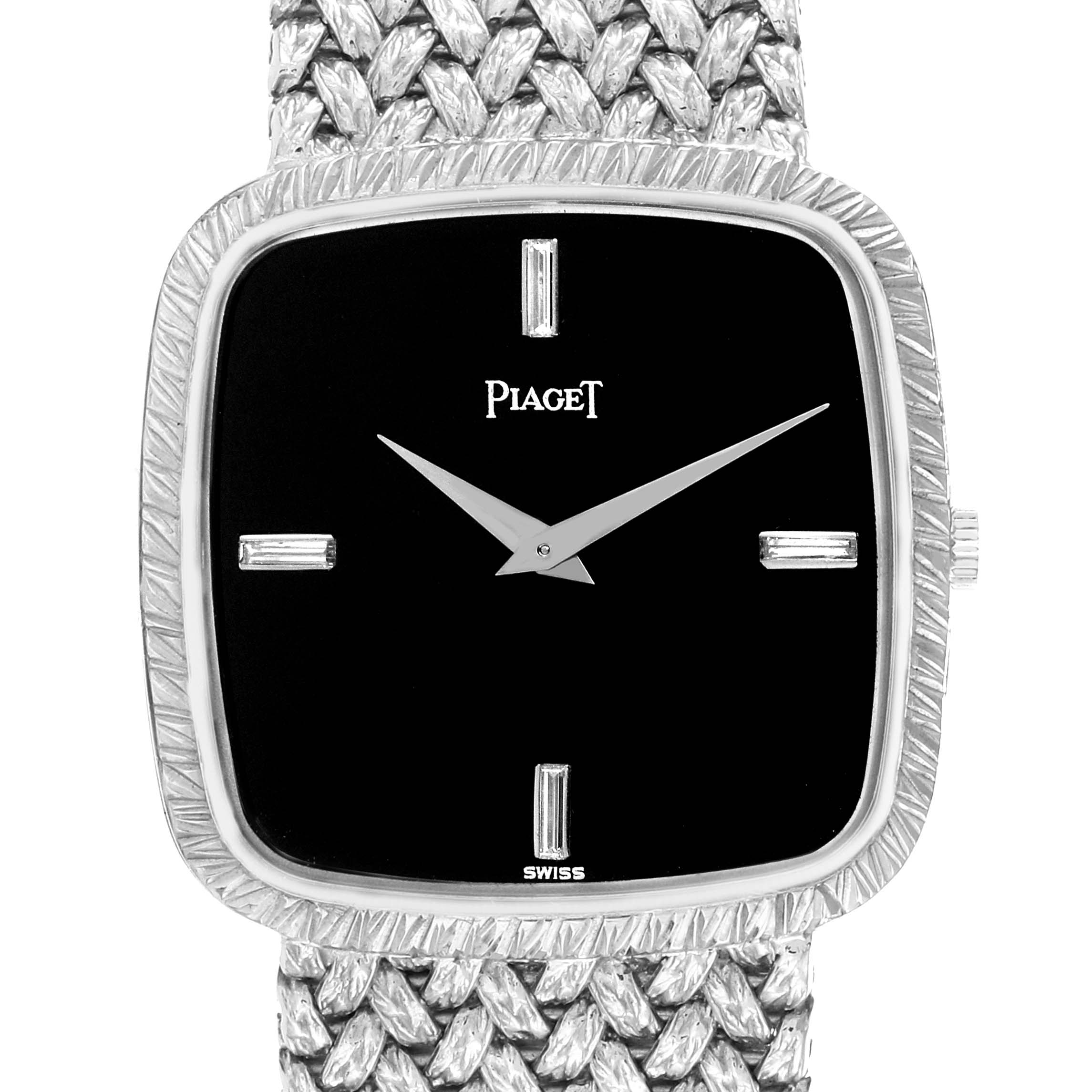 The image shows a front view of the Piaget model 9771D2 men's watch, highlighting its square face, minimalist markers, and woven bracelet design.