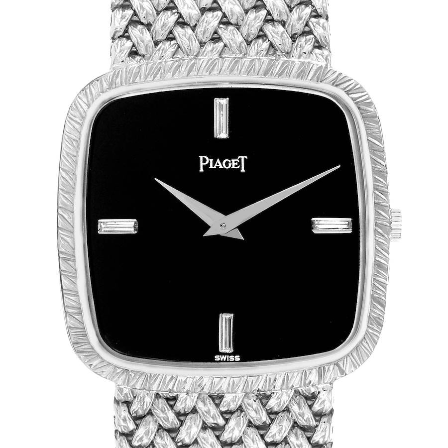 The image shows a front view of the Piaget model 9771D2 men's watch, highlighting its square face, minimalist markers, and woven bracelet design.