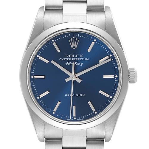 The image shows a front view of the Rolex Air-King model 14000 men's watch, displaying its blue dial, hour markers, hands, crown, and part of the bracelet.