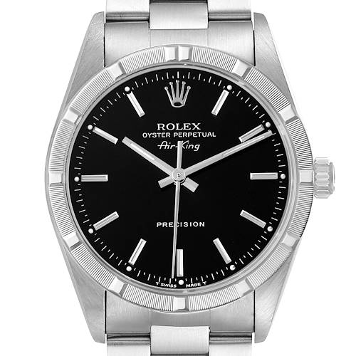 The Rolex Air-King model 14010 men's watch is shown from a front angle, displaying the bezel, crown, dial, markers, and bracelet.