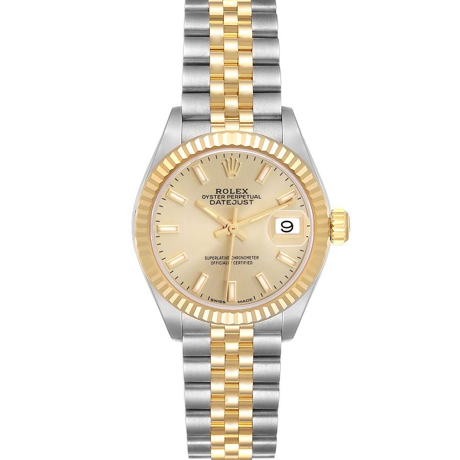 The Rolex Datejust model 279173 is shown from a top-down view, highlighting its two-tone Jubilee bracelet, gold fluted bezel, and date display at 3 o'clock.
