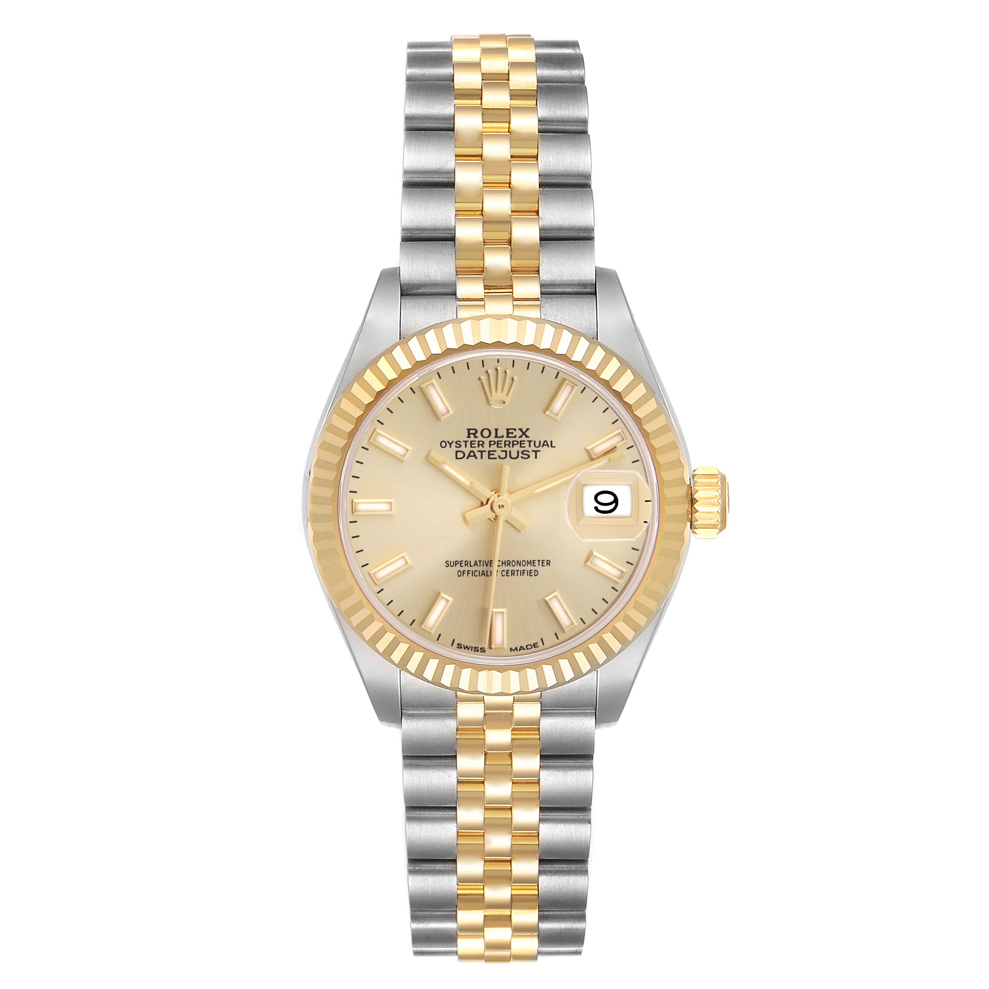 The image shows a Rolex Datejust model 279173 watch from a top-down angle, highlighting the dial, two-tone bracelet, and fluted bezel.