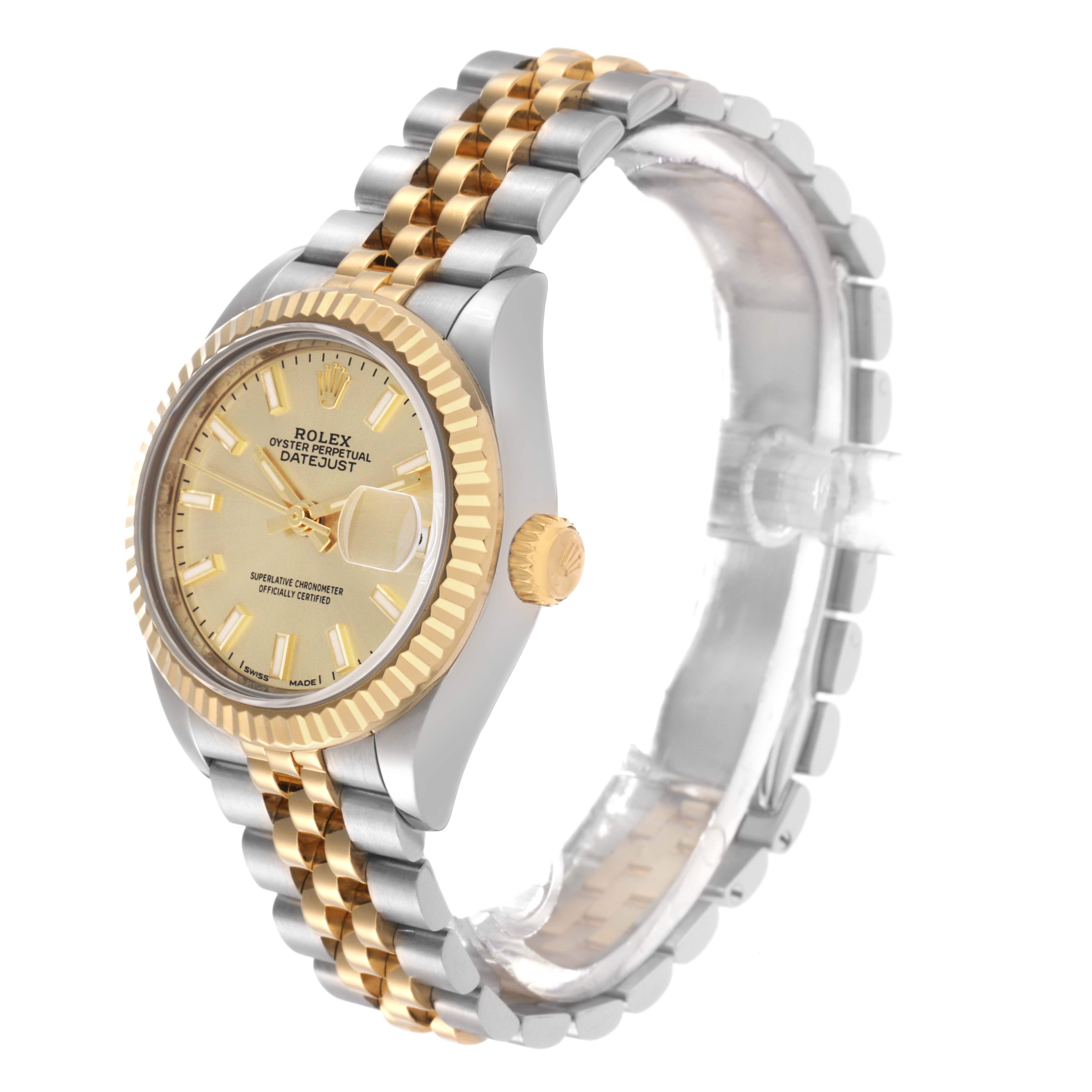 The image shows the Rolex Datejust model 279173 men's watch at a three-quarter angle, highlighting the face, bezel, crown, and two-tone bracelet.
