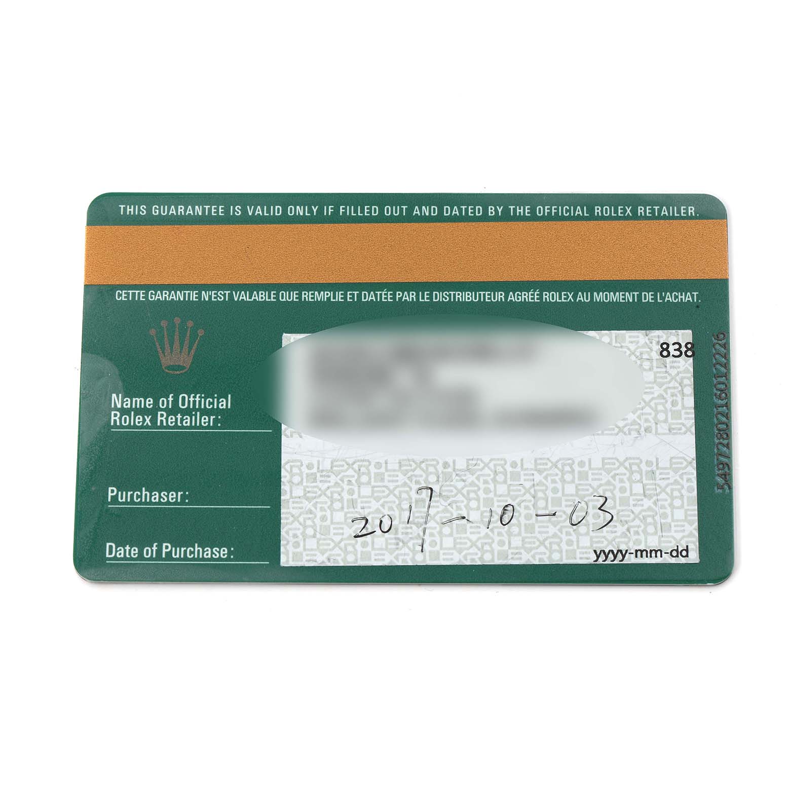 The image shows a Rolex guarantee card for a Datejust model 279173, indicating details like retailer name, purchaser, and date of purchase.