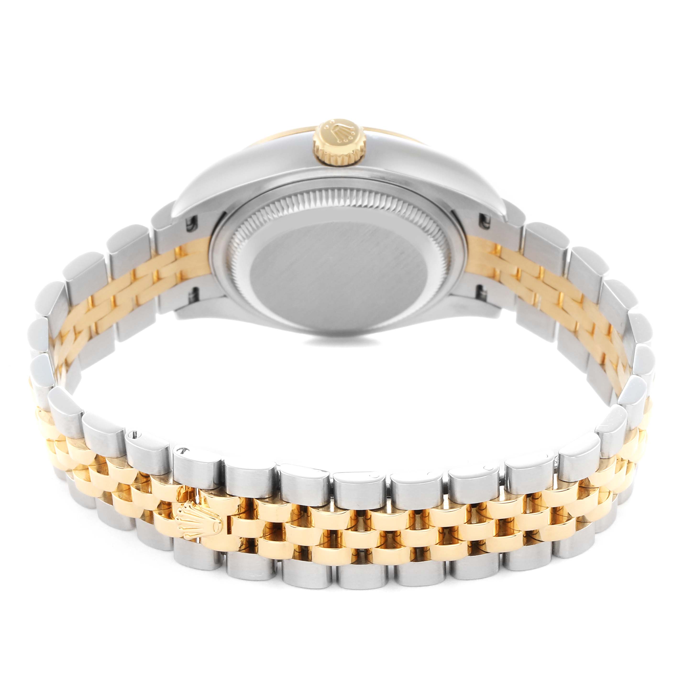 The image shows the back view of a Rolex Datejust model 279173 men's watch, highlighting the two-tone bracelet and case back.