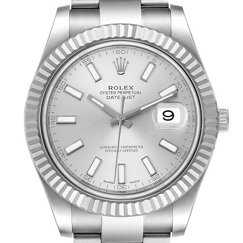 This image shows a front view of the Rolex Datejust 41 116334 Men's Stainless Steel Silver Dial 116334 Men's Stainless Steel Silver Dial watch, highlighting the dial, hands, and fluted bezel.