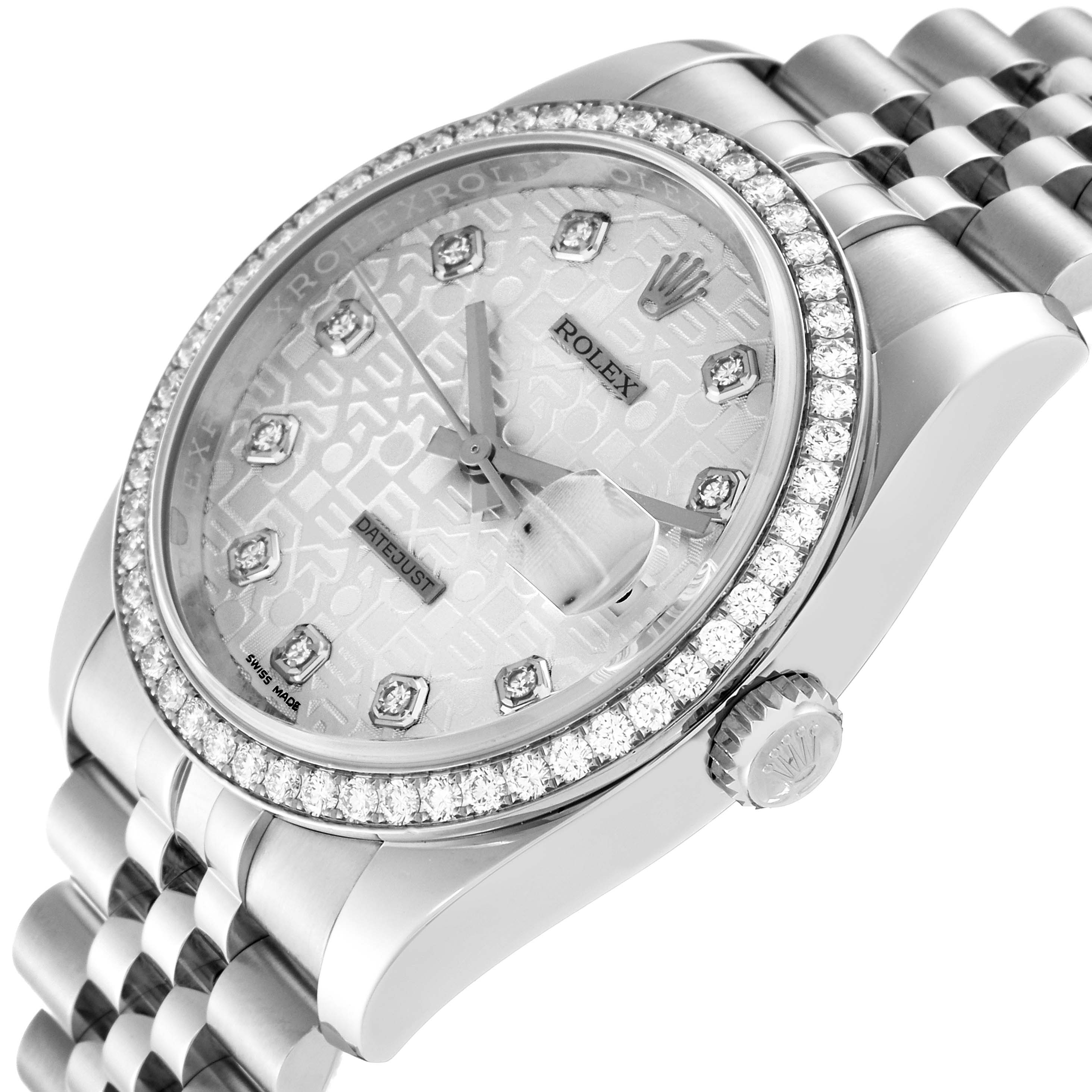 The image shows a side angle of a Rolex Datejust 116244 Men's Stainless Steel Silver Dial 116244 Men's Stainless Steel Silver Dial watch, highlighting the dial, crown, bezel, and part of the bracelet.