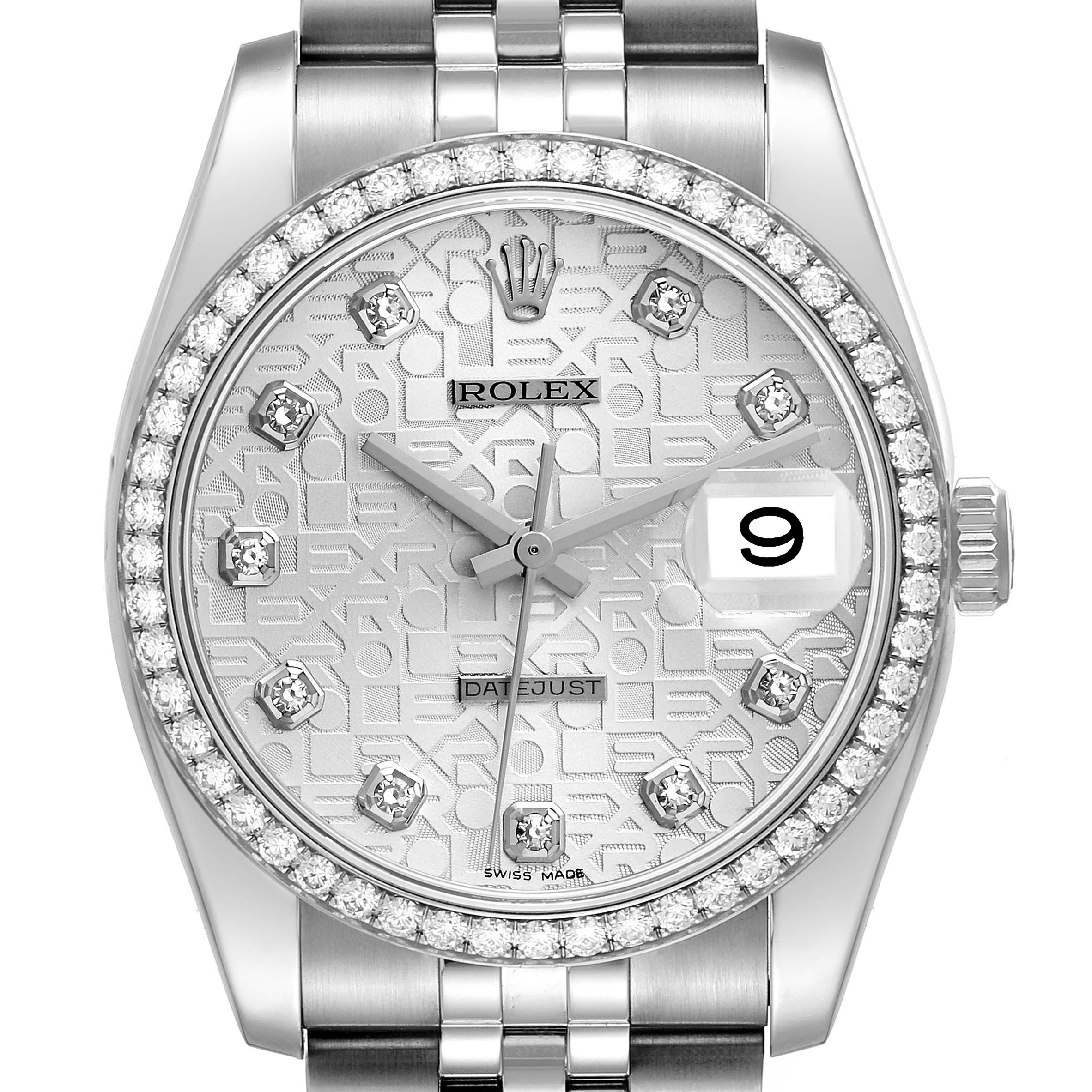 The image shows a frontal view of a Rolex Datejust 116244 Men's Stainless Steel Silver Dial 116244 Men's Stainless Steel Silver Dial watch, highlighting its detailed face, bezel, and part of the bracelet.