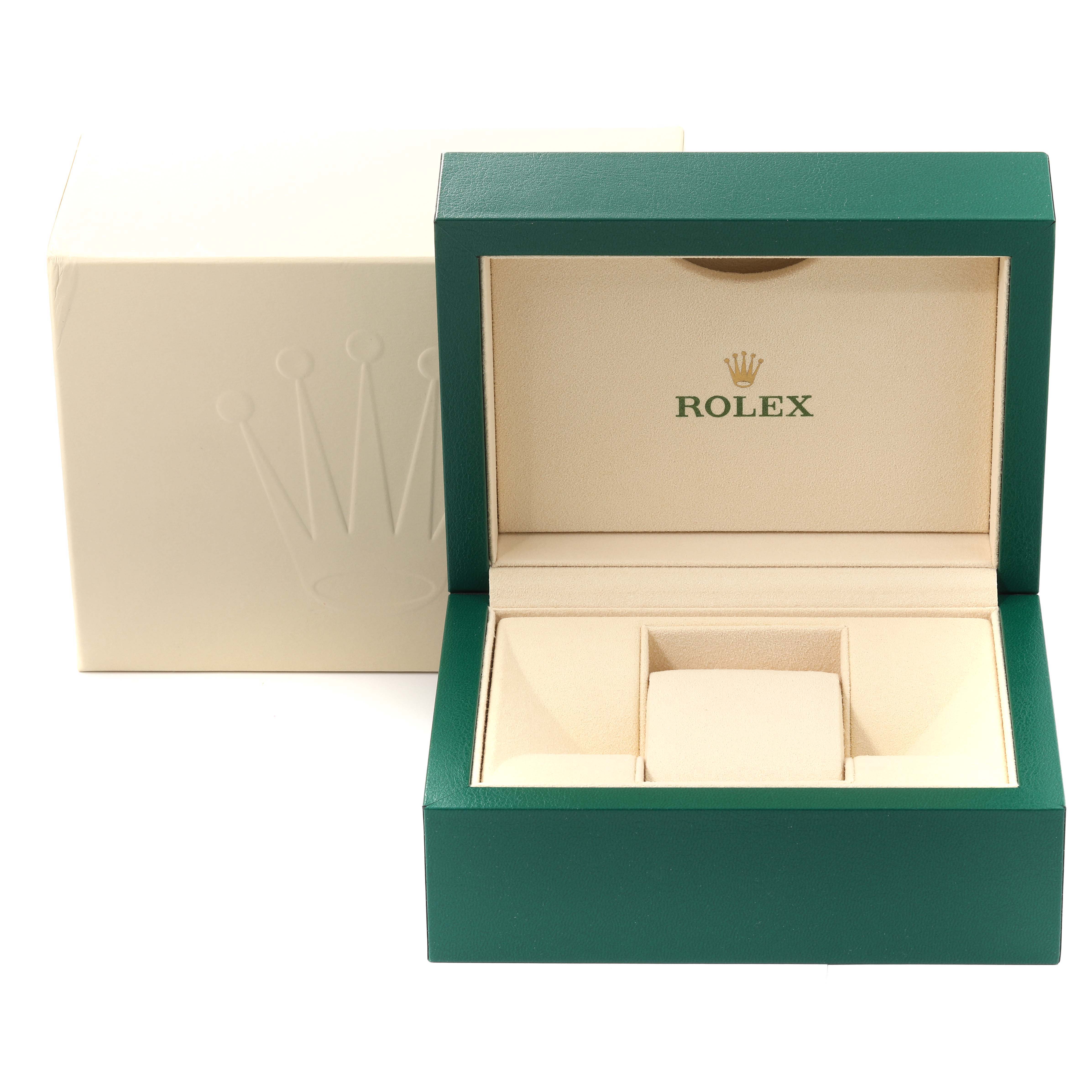 This image shows an empty Rolex Datejust 116244 Men's Stainless Steel Silver Dial 116244 Men's Stainless Steel Silver Dial watch box and its packaging, viewed from the front.