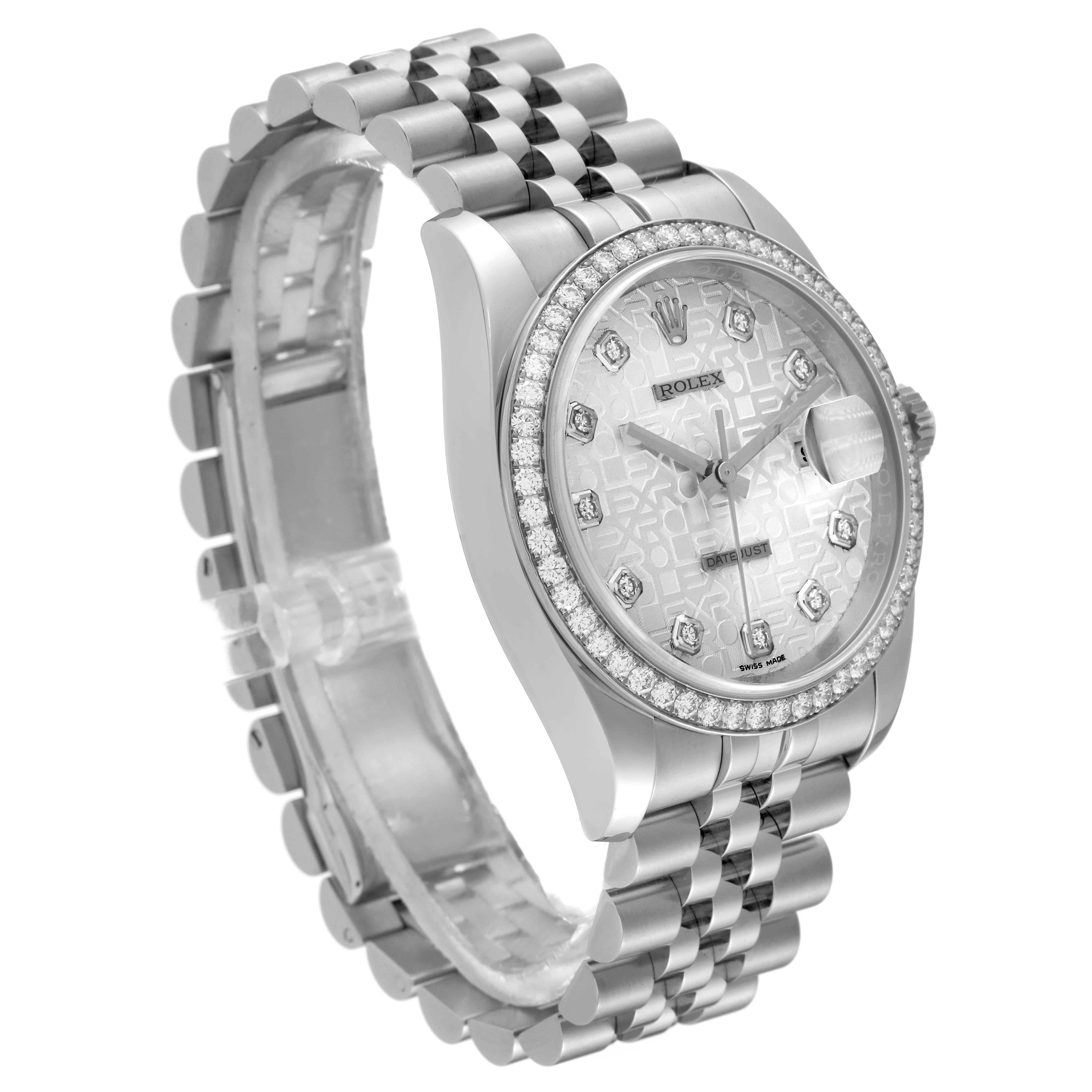This Rolex Datejust 116244 Men's Stainless Steel Silver Dial 116244 Men's Stainless Steel Silver Dial watch is shown at a three-quarter angle, highlighting its dial, bezel, and bracelet.