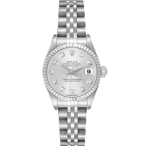 The image shows a Rolex Datejust model 79174 from a top-down angle, displaying the complete watch face, bracelet, fluted bezel, and date window.