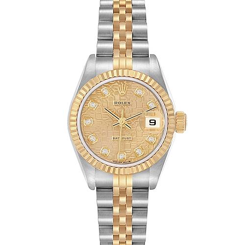 The image shows a Rolex Datejust watch, model 79173, from the front angle, displaying its gold and silver two-tone design, gold dial, and fluted bezel.