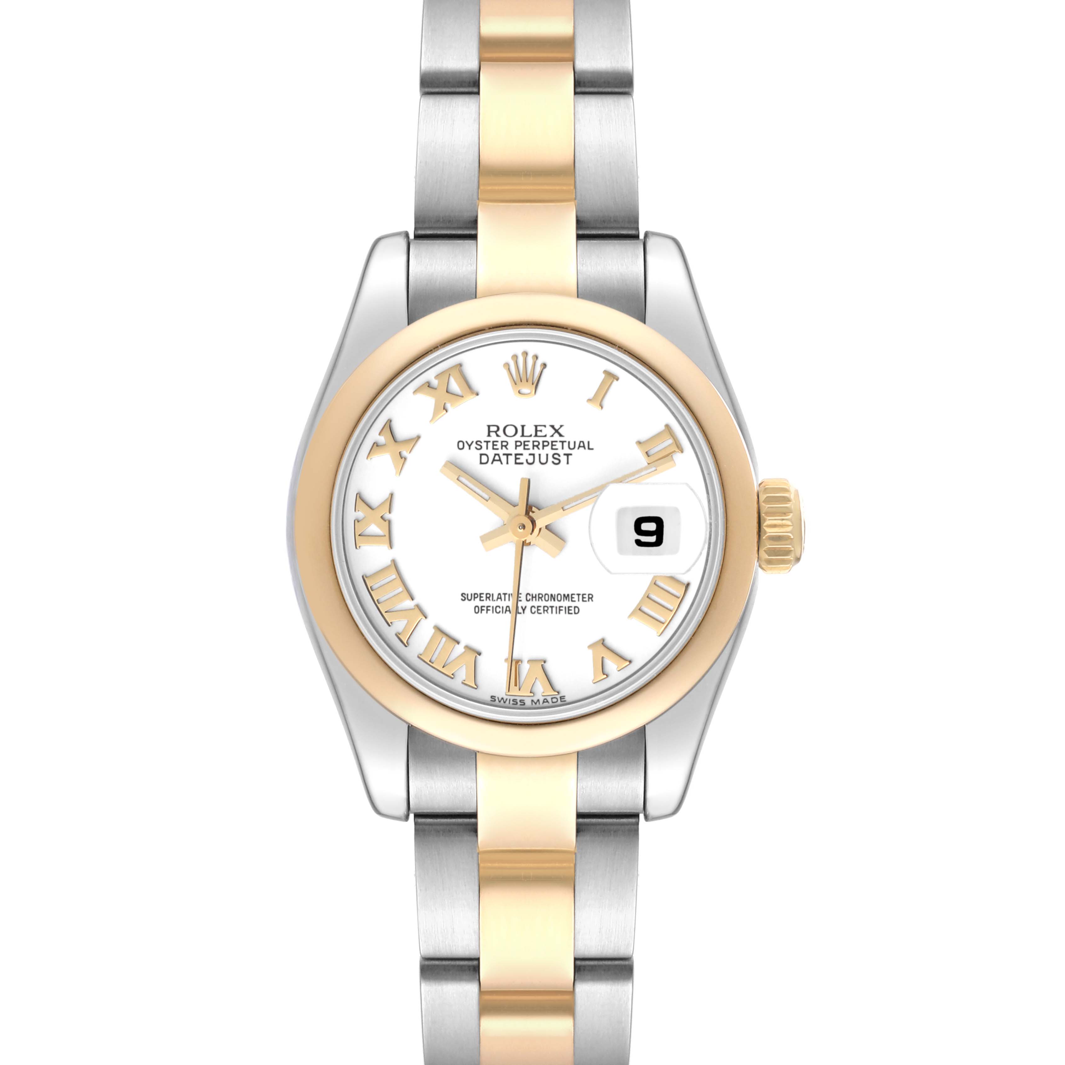This is a frontal view of the Rolex Datejust 179163 Women's Steel and Gold (two tone) White Dial 179163 Women's Steel and Gold (two tone) White Dial watch, showing the face, bezel, and bracelet.