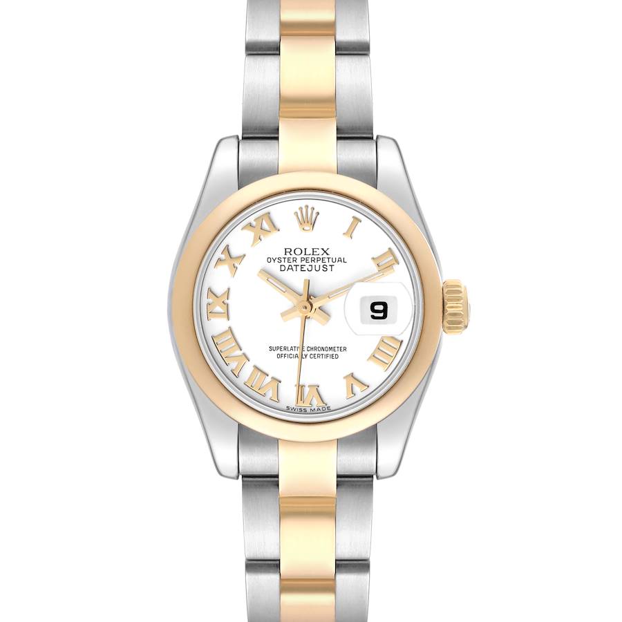 This is a frontal view of the Rolex Datejust 179163 Women's Steel and Gold (two tone) White Dial 179163 Women's Steel and Gold (two tone) White Dial watch, showing the face, bezel, and bracelet.