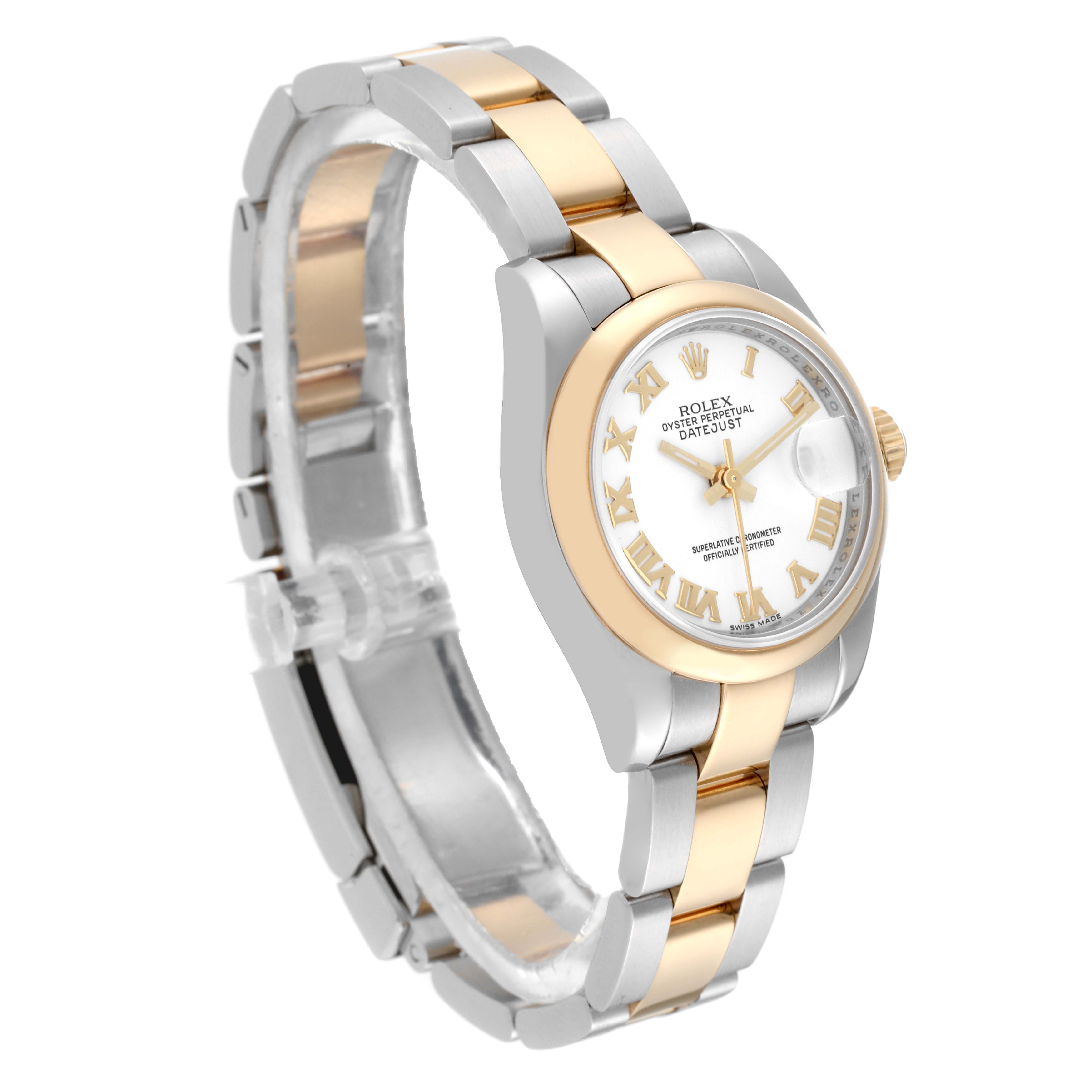 This image shows a Rolex Datejust 179163 Women's Steel and Gold (two tone) White Dial 179163 Women's Steel and Gold (two tone) White Dial watch at a slight angle, capturing the bezel, dial, and two-tone bracelet.