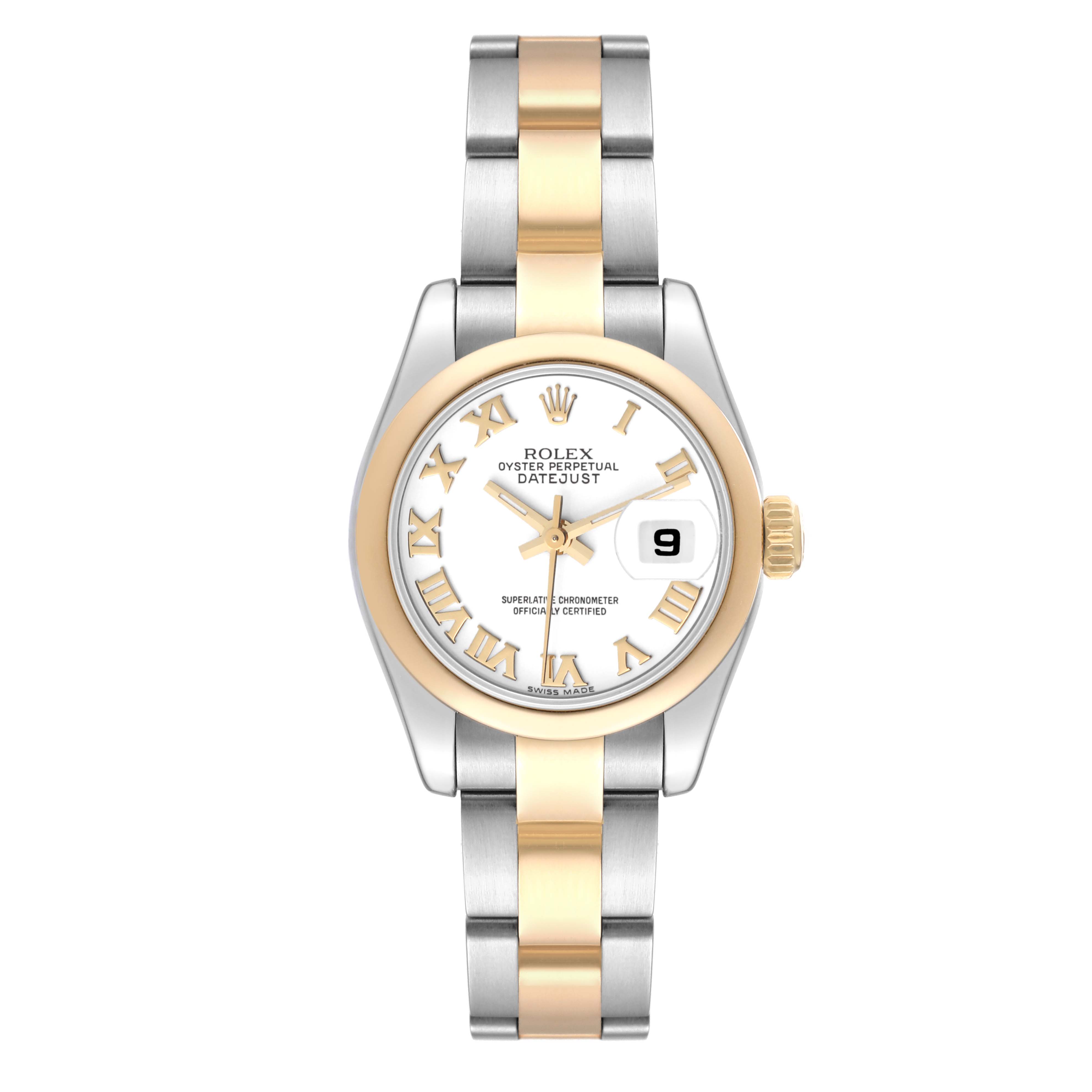 This image shows a front view of a Rolex Datejust 179163 Women's Steel and Gold (two tone) White Dial 179163 Women's Steel and Gold (two tone) White Dial watch, featuring a two-tone metal bracelet, white dial, and gold Roman numeral markers.