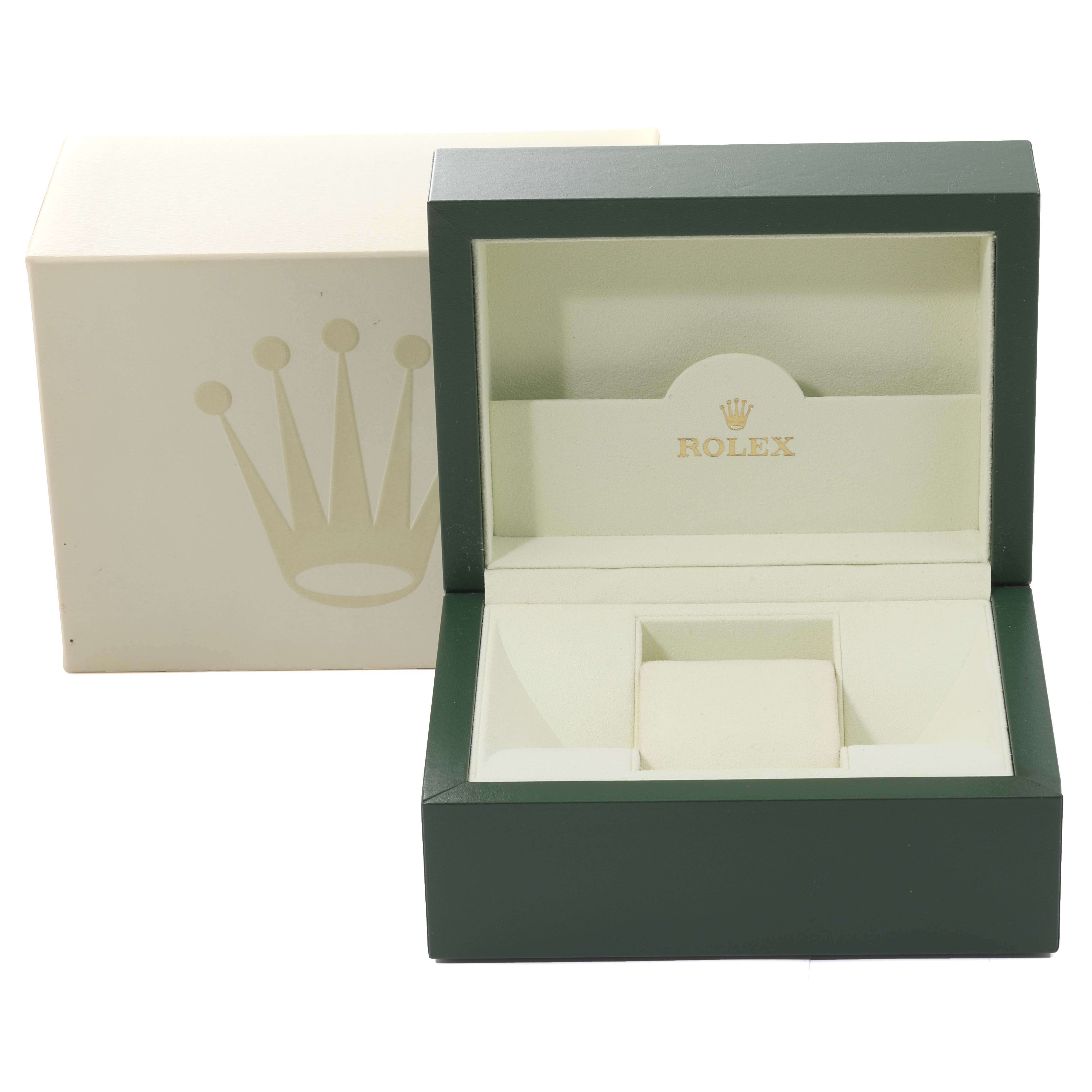 The image shows a green and beige Rolex Datejust 179163 Women's Steel and Gold (two tone) White Dial 179163 Women's Steel and Gold (two tone) White Dial watch box and its outer case from a front angle.