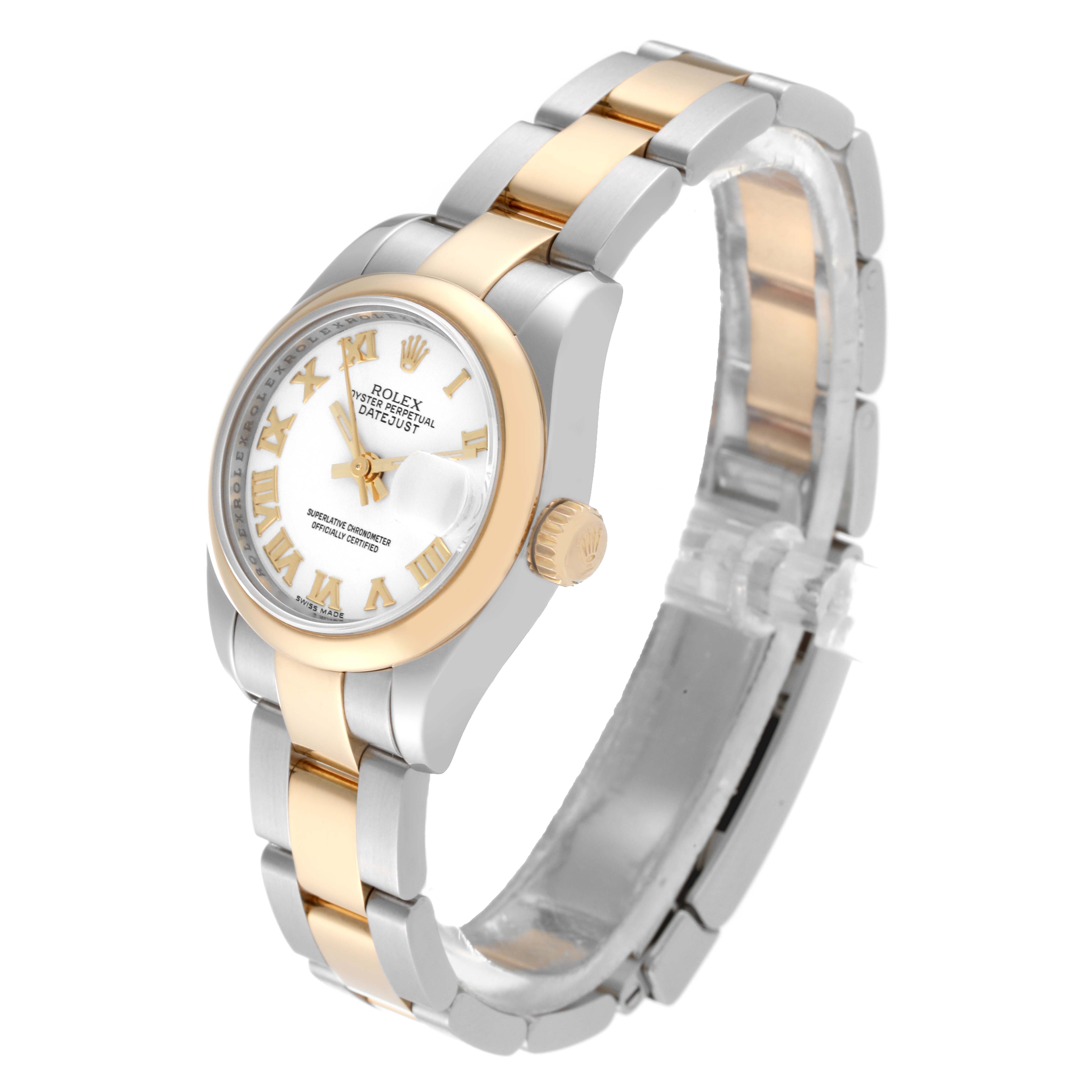 The Rolex Datejust 179163 Women's Steel and Gold (two tone) White Dial 179163 Women's Steel and Gold (two tone) White Dial watch is shown at a three-quarter angle, highlighting its face, bezel, crown, and two-tone bracelet.